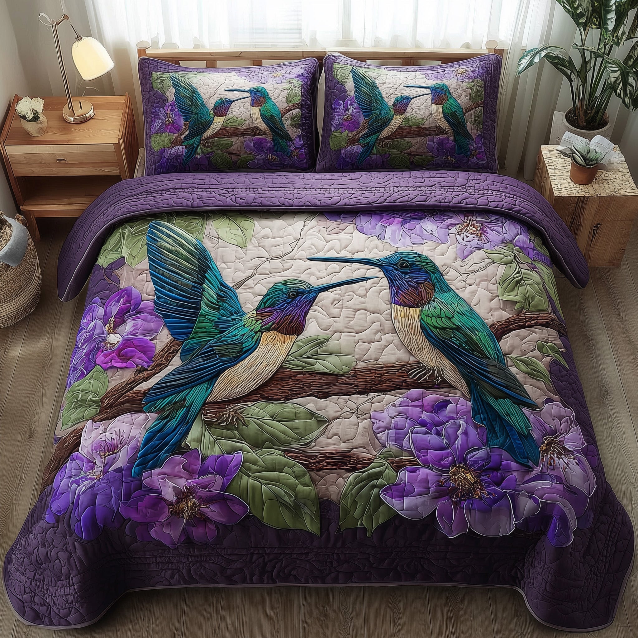 Amethyst Love Quilted Bedding Set Duvet Cover Bedspread Cool Hummingbird Gifts