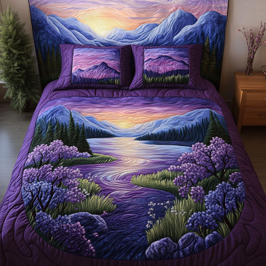 Amethyst Sunrise Quilted Bedding Set Aesthetic Room Decor Gifts For Lavender Lovers