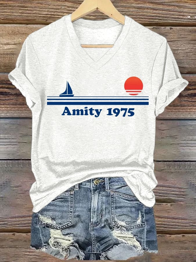 Amity Island 1975 Print V-neck T-shirt Women's Gifts For Mom