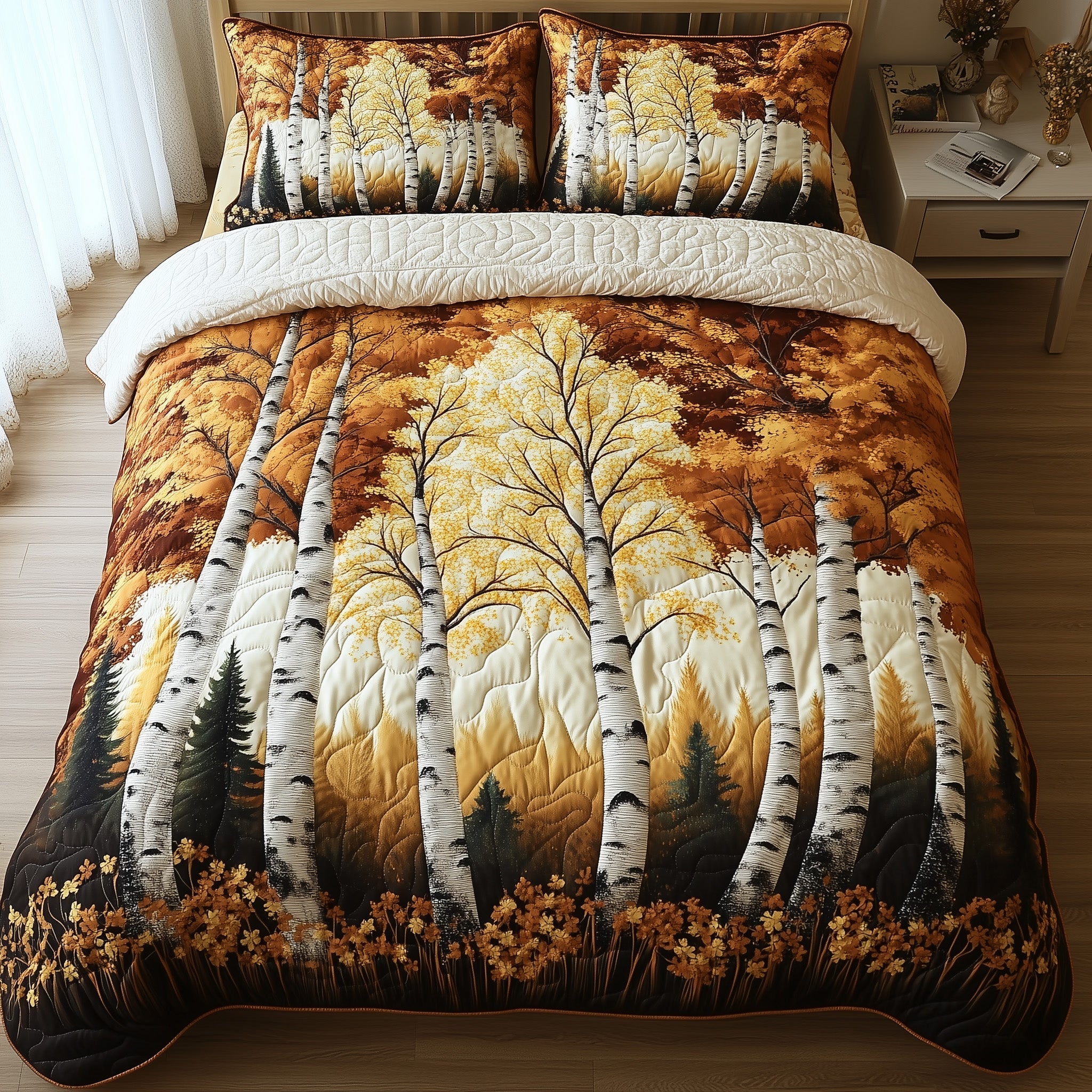Among the Birches Quilted Bedding Set Duvet Cover Merchandise Gifts For Autumn Lovers