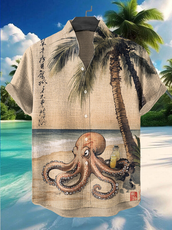 An Octopus Is Drinking Juice Under A Palm Tree On The Beach Hawaiian Shirt Men's Gifts