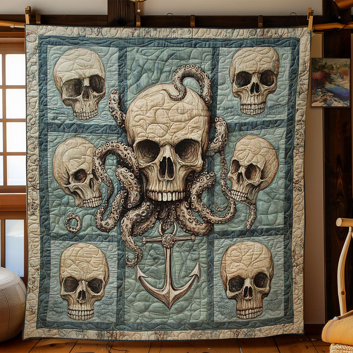 Anchor And Skull Quilt Blanket Octopus Ocean Themed Gifts For Pirate