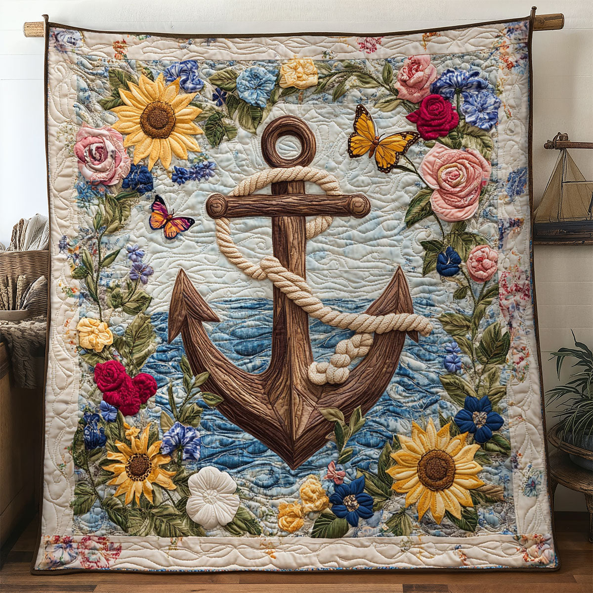 Anchor Charm Quilt Blanket Butterfly And Flowers Navy Veteran Gifts For Patriots