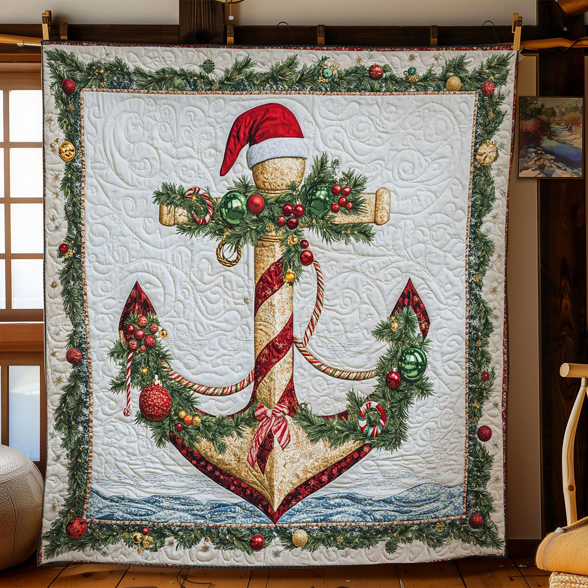 Anchor Cheer Quilt Blanket Anchor With Santa's Hat Navy Veteran Gifts For Christmas