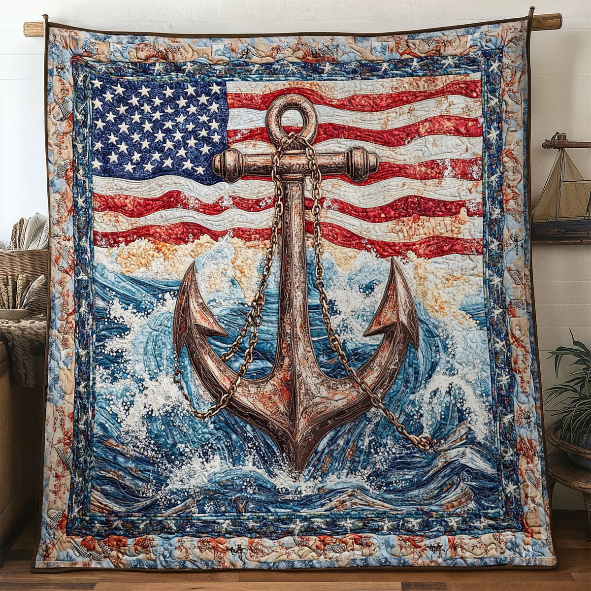 Anchor Duty Quilt Blanket USA Flag Best Themed Anchor Gifts For Patriots