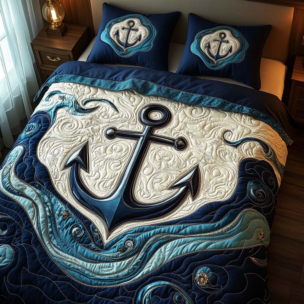 Anchor Embrace Quilted Bedding Set Holiday Duvet Cover Set Gifts For People Who Loves Sea Turtle