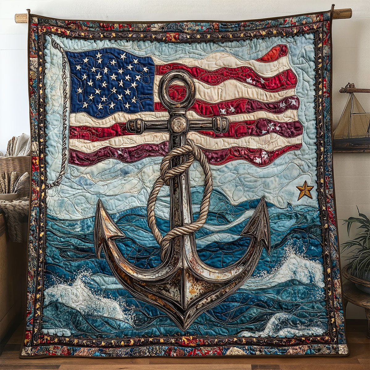 Anchor In The Storm Quilt Blanket USA Flag Patriotic Gifts With Anchors On Them