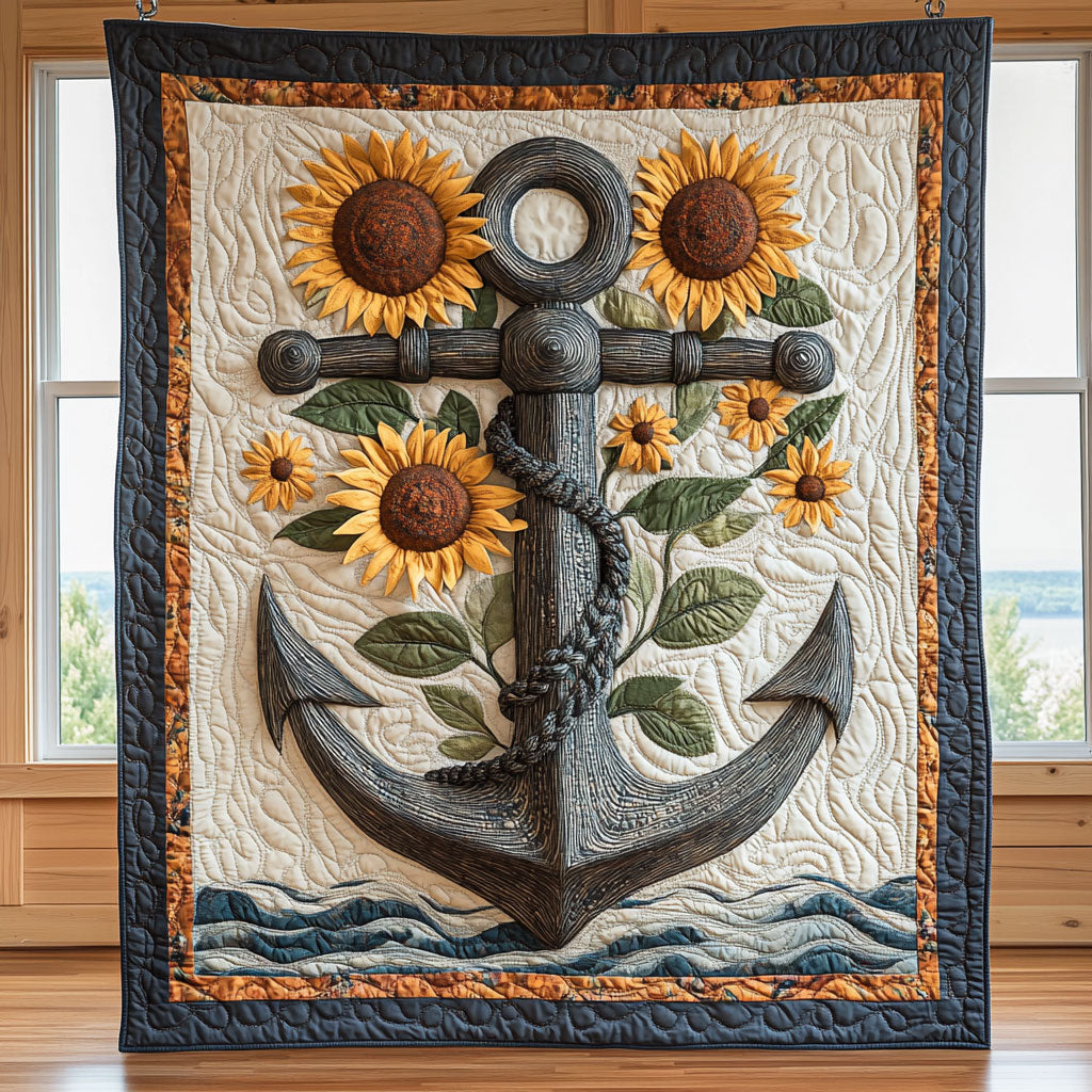 Anchor of Sun Quilt Blanket Sunflower Nautical Navy Veteran Themed Gifts For Patriots