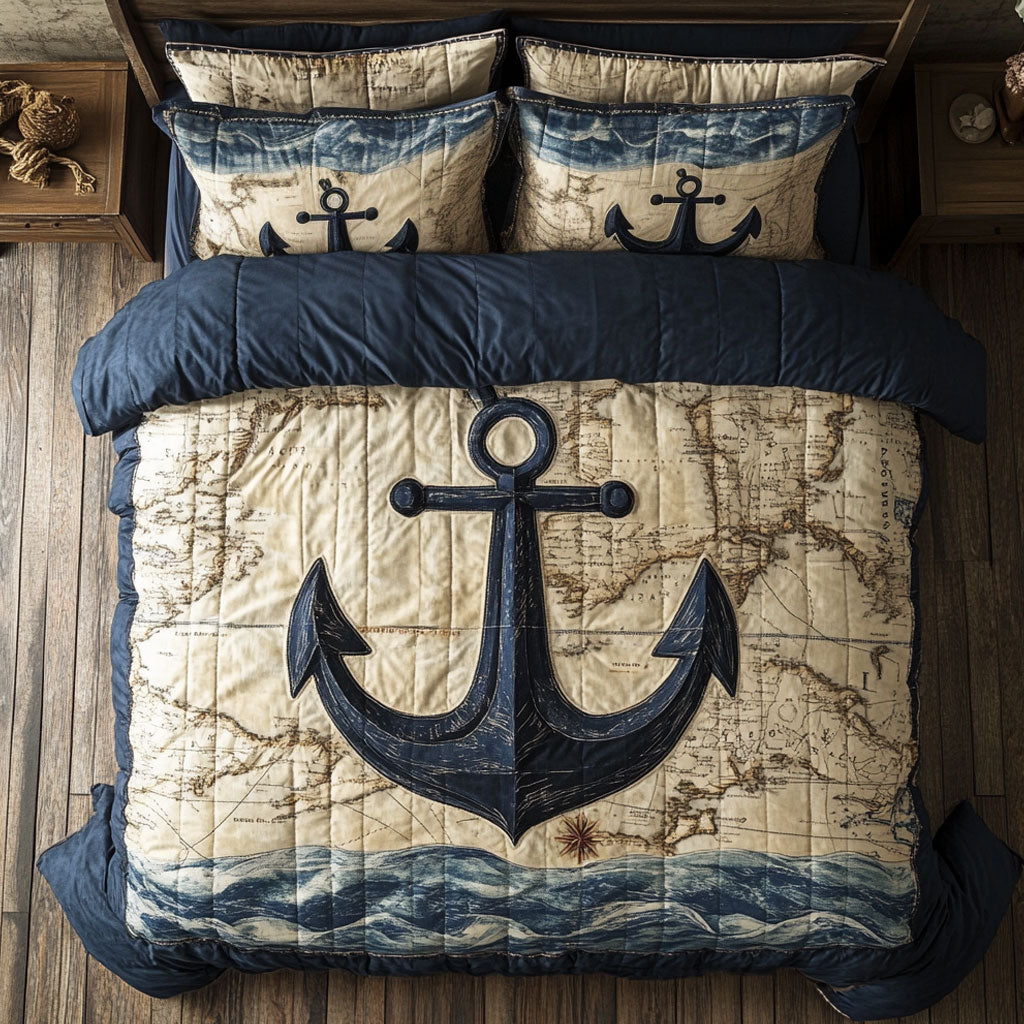 Anchor Voyage Quilt Bedding Set King Comforter Nautical Holiday Gift for Dad