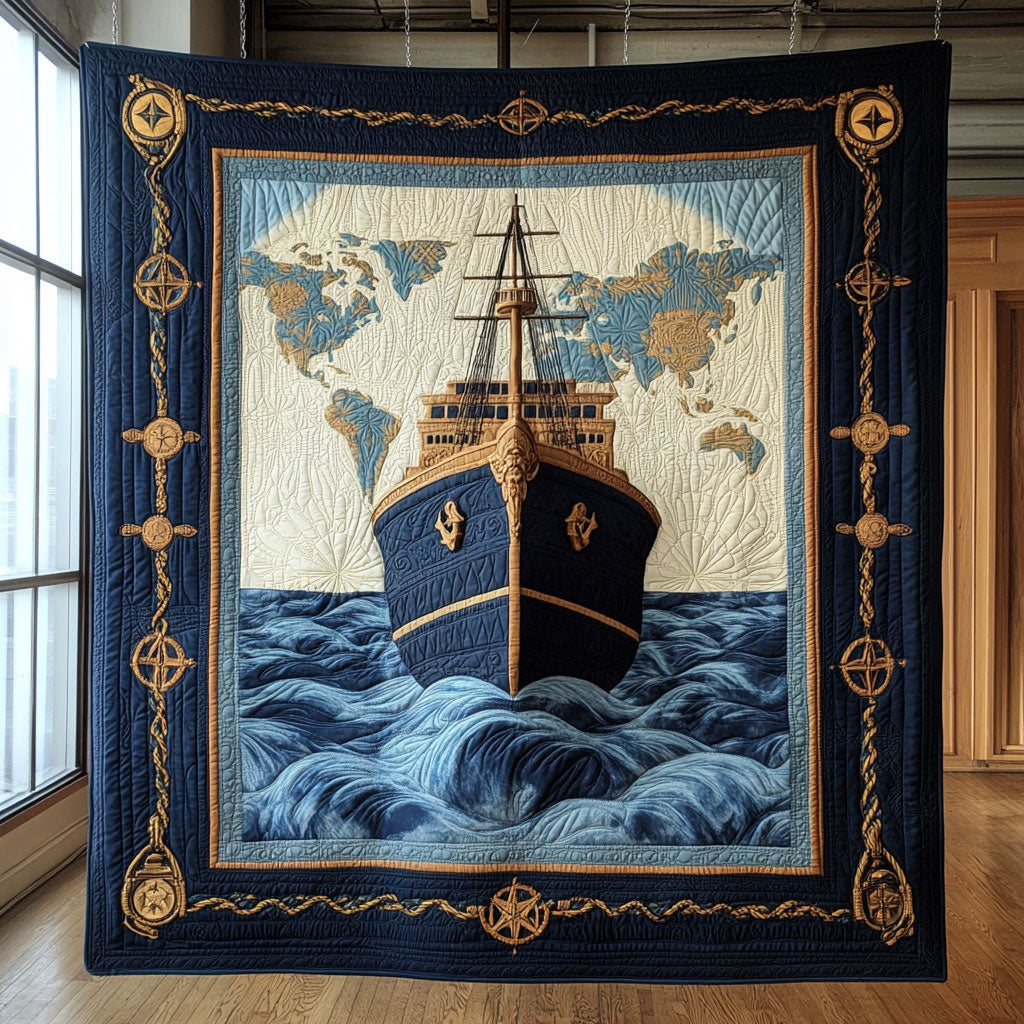 Anchored Horizons Quilt Blanket Sailing Ship Navy Veteran Pride Gift Ideas