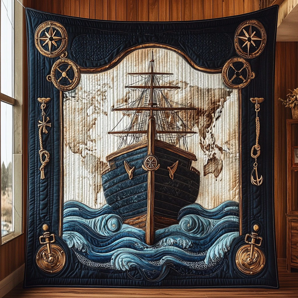 Anchors Aweigh Quilt Blanket Sailing Ship And Ocean Waves Map Navy Veteran Pride Gifts