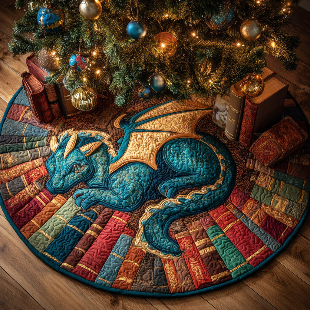 Ancient Book Dragon Christmas Quilted Tree Skirt Book Themed Dragon Lover Christmas Gifts