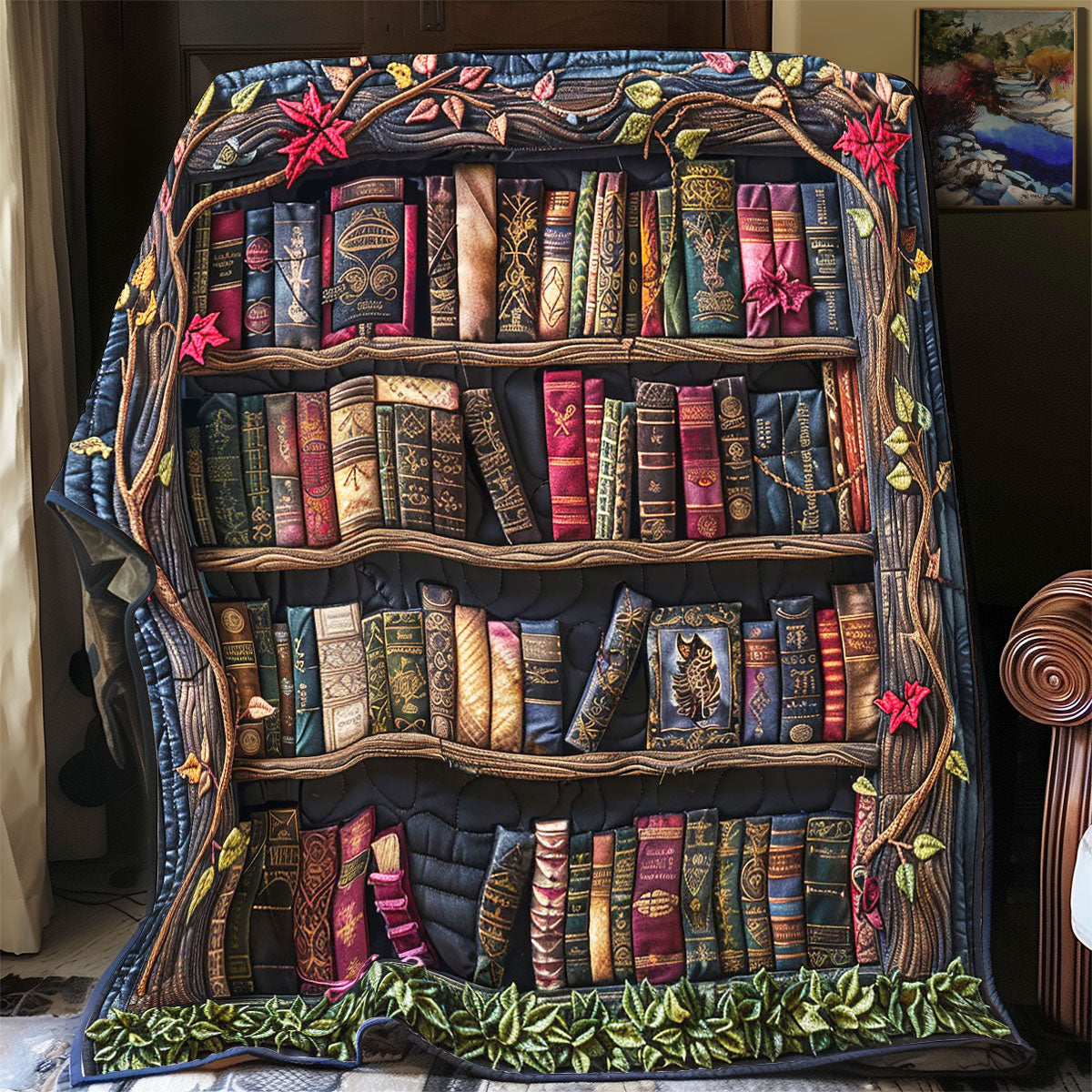 Ancient Castle Bookshelf Quilt Blanket Christmas Gifts For Book Lovers