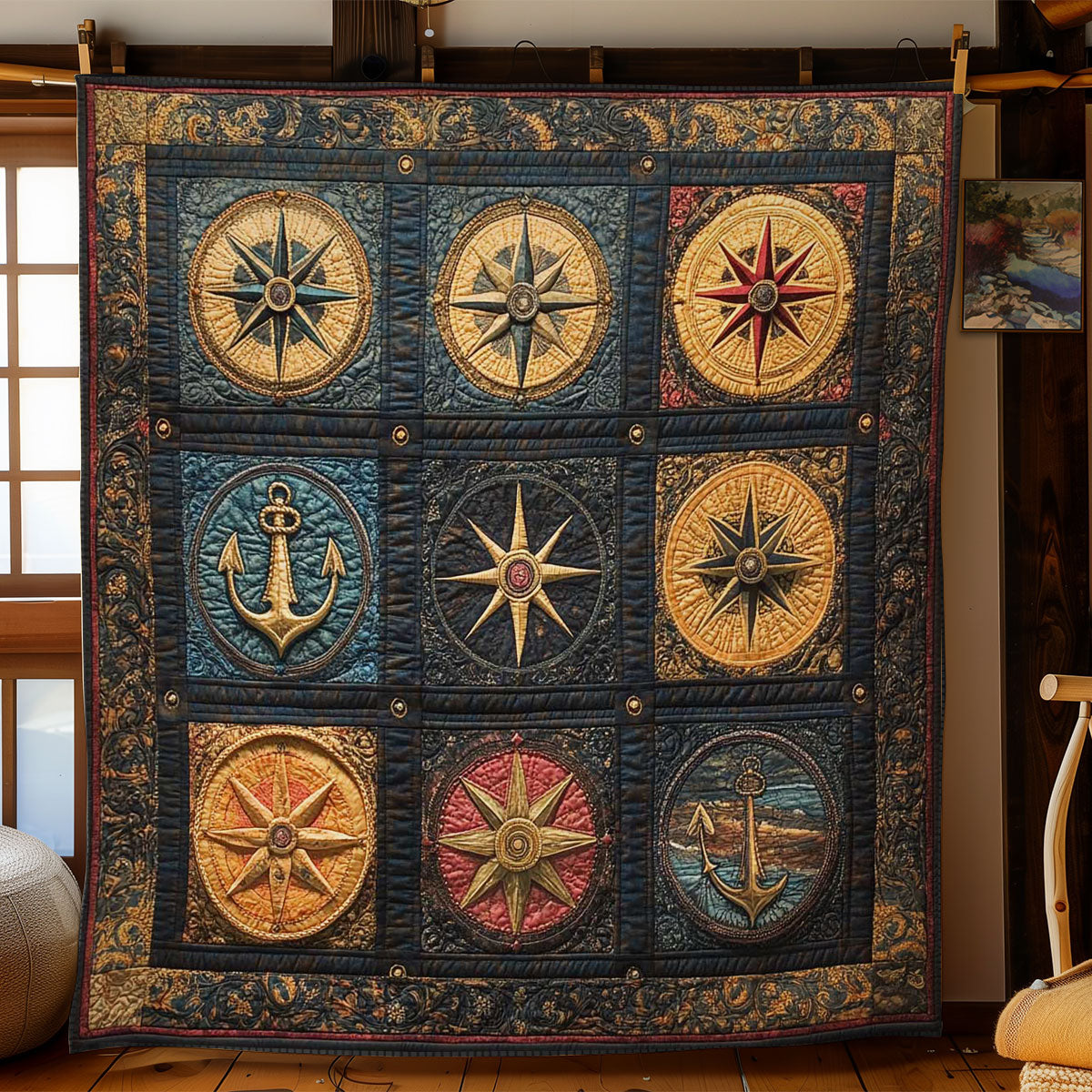 Ancient Compass Quilt Blanket Compass And Anchor Ocean Explorer Gifts