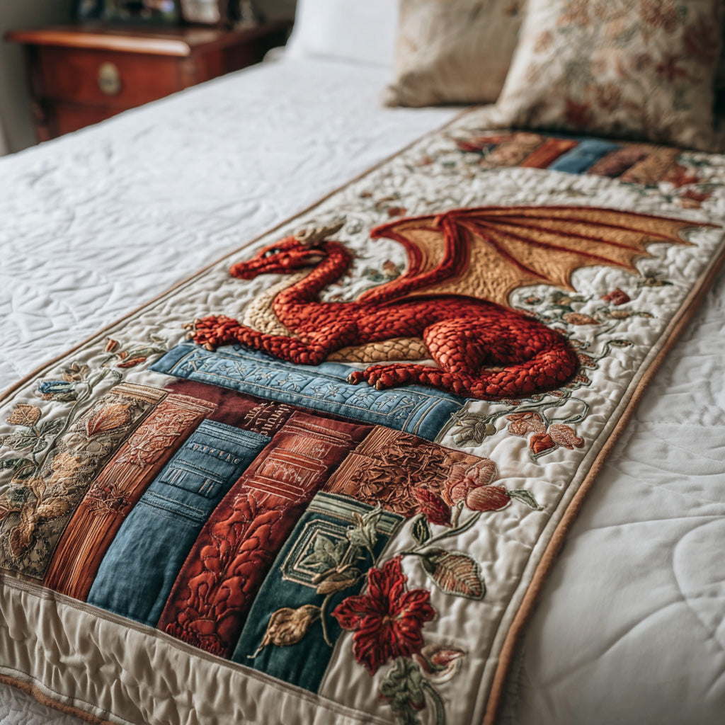 Ancient Dragon Tome Quilted Bed Runner Aesthetic Room Decor Gift For Dragon Lover