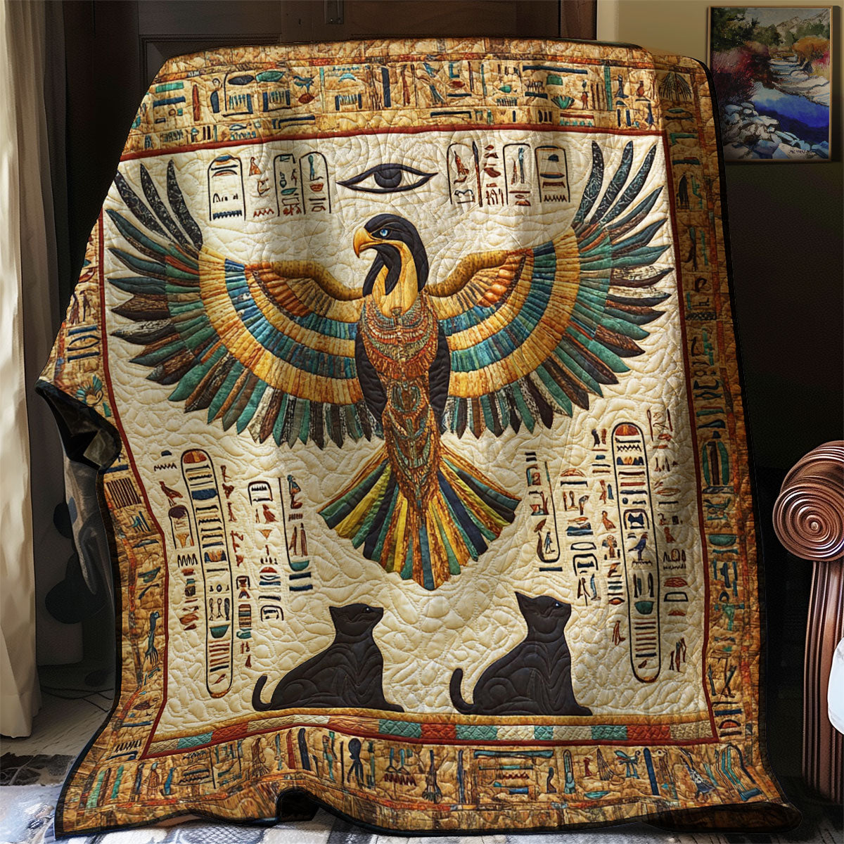 Ancient Egyptian Mythology Quilt Blanket Egyptian Eagle And Cats Unique Gifts Phoenix