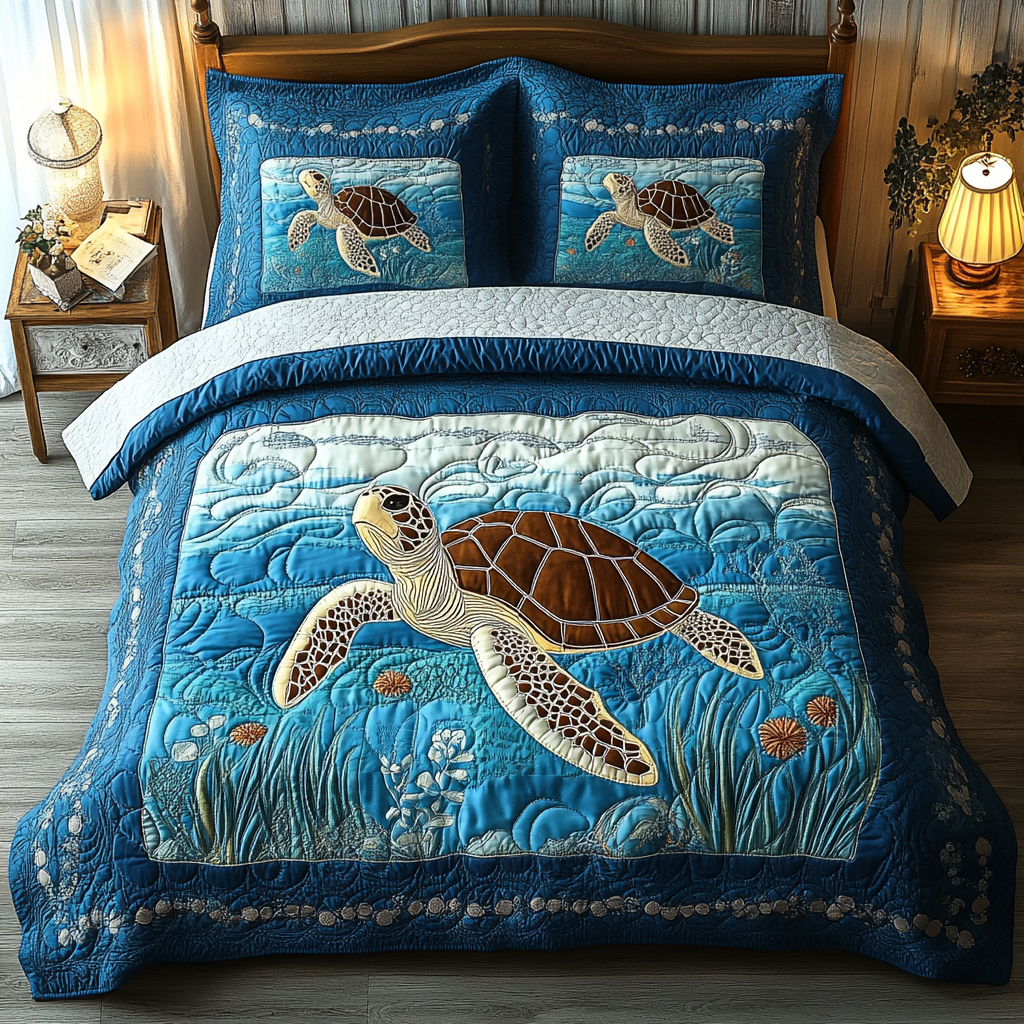 Ancient Glide Quilted Bedding Set Cool Bedroom Decor Sea Turtle Gifts For Him
