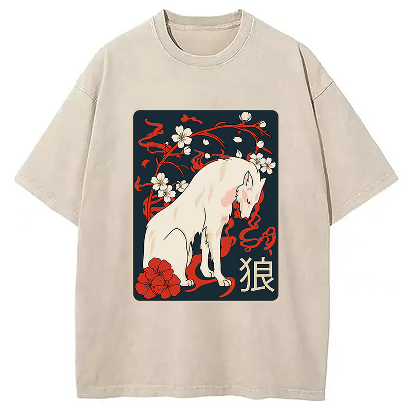 Ancient Japanese Wolf Art Washed T-Shirt Casual Oversized Outfit Style Gifts For Him Ancient Japanese Wolf Art Washed T-Shirt Casual Oversized Outfit Style Gifts For Him