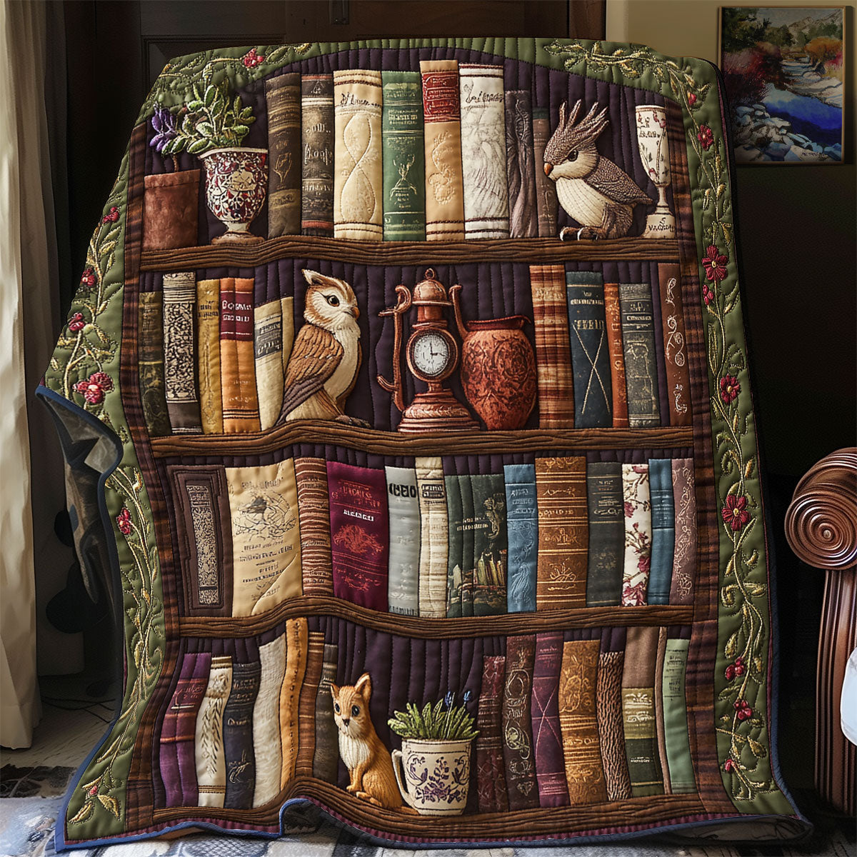Ancient Library Quilt Blanket Animals And Bookshelf Great Book Themed Gifts