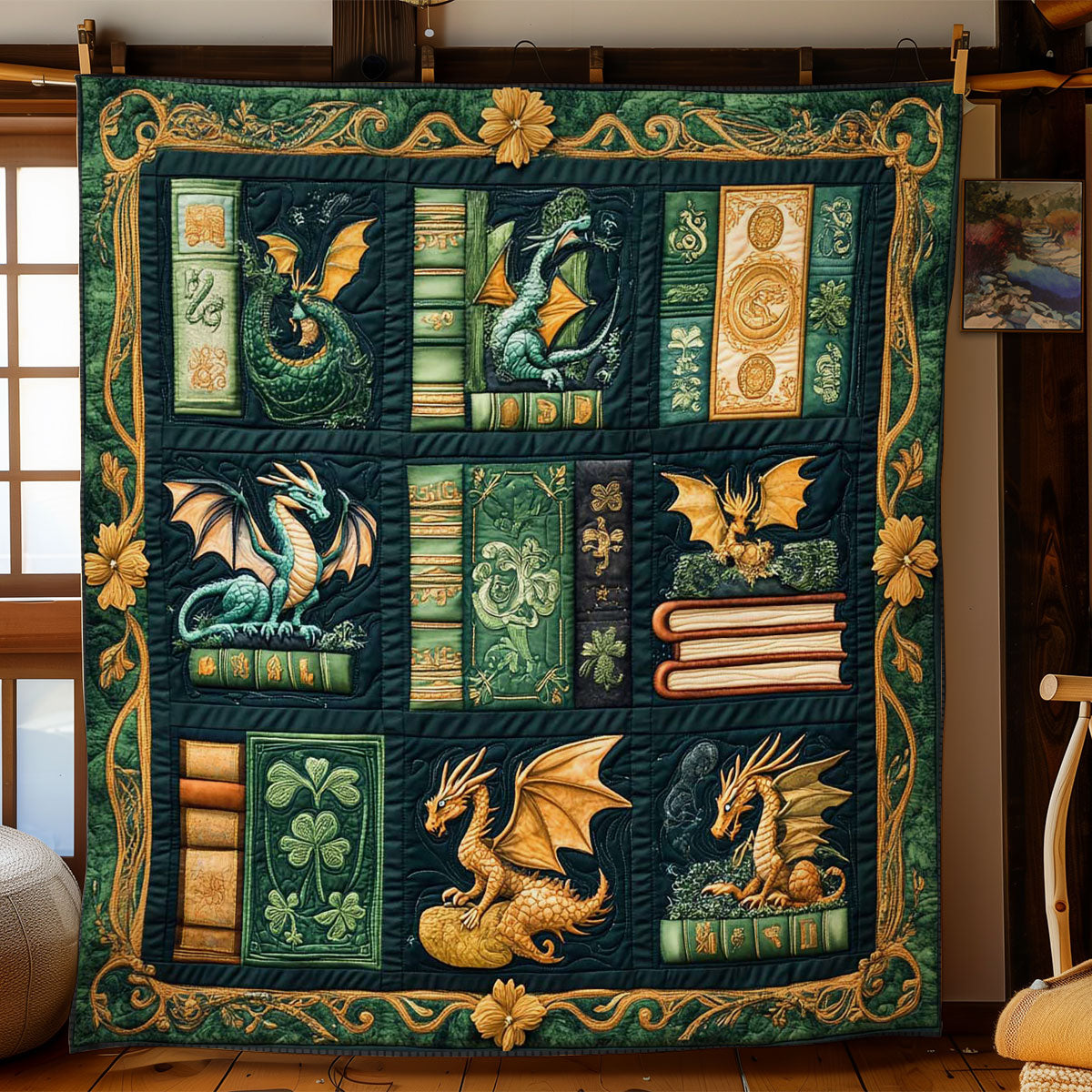Ancient Lore Dragon Quilt Blanket Dragons On Bookshelf Great Book Themed Gifts