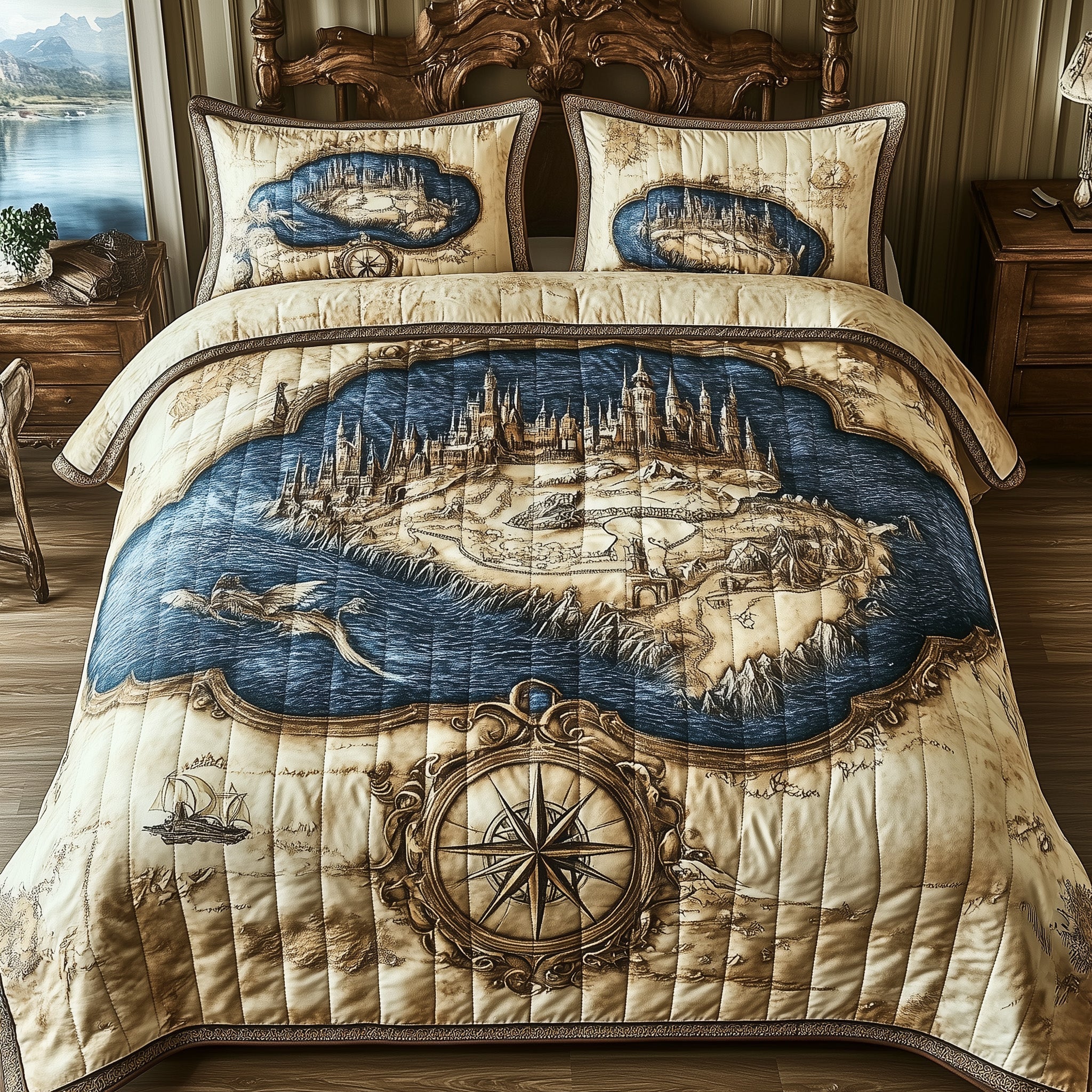 Ancient Map Quilted Bedding Set Duvet Cover Merchandise Meaningful Gifts For Grandparents