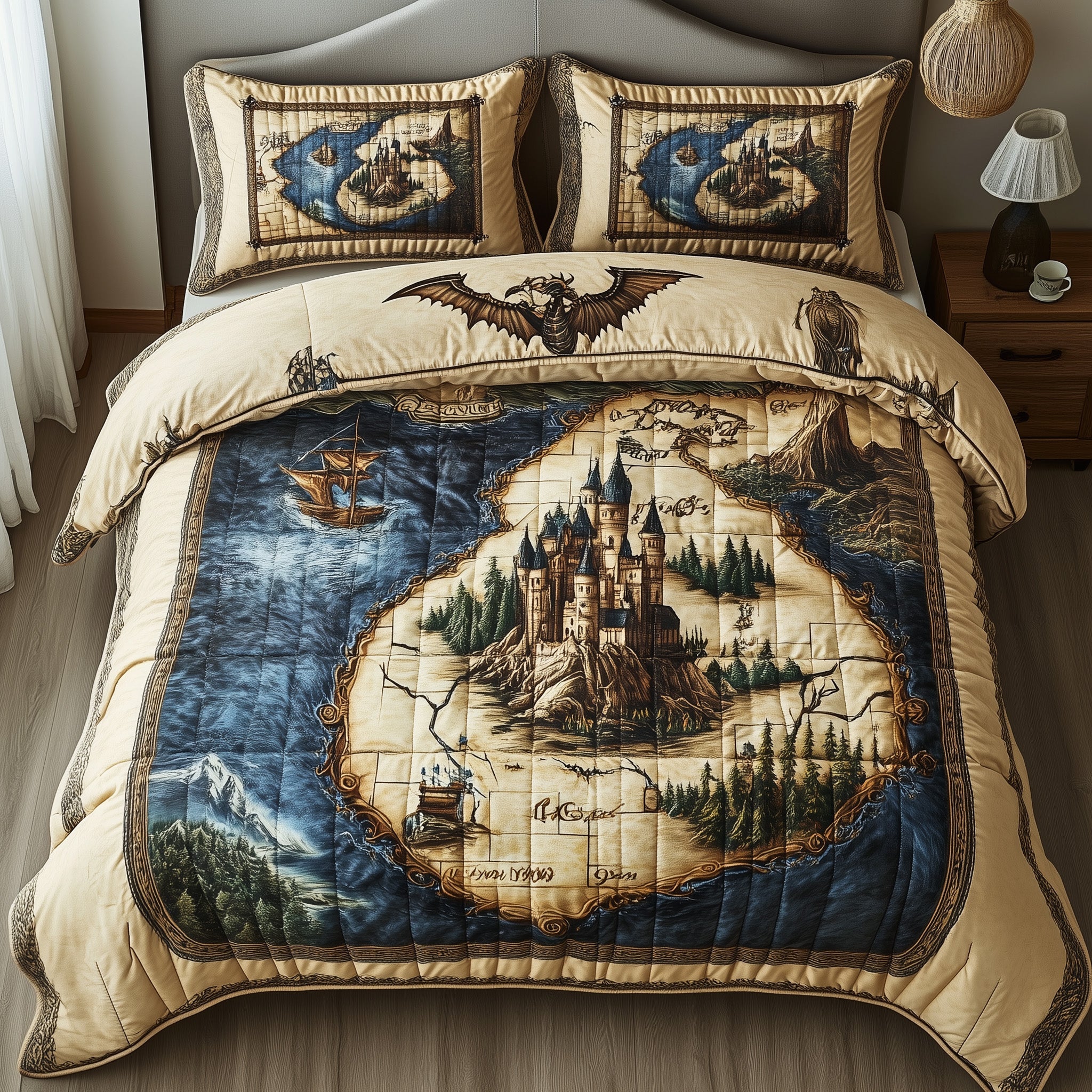 Ancient Map Quilted Bedding Set Duvet Cover Merchandise Meaningful Teacher Gifts