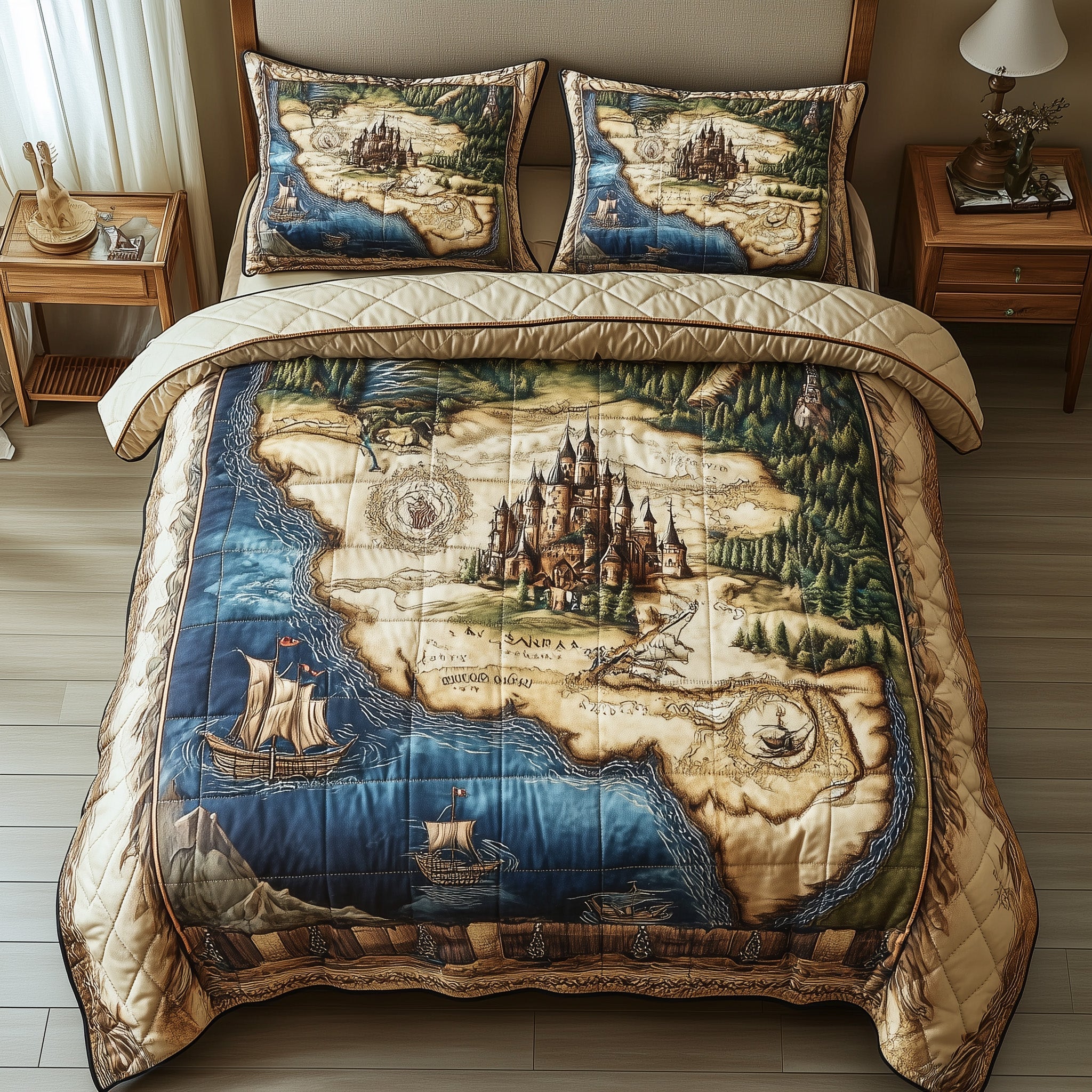 Ancient Map Quilted Bedding Set Duvet Cover Merchandise Meaningful Thank You Gifts