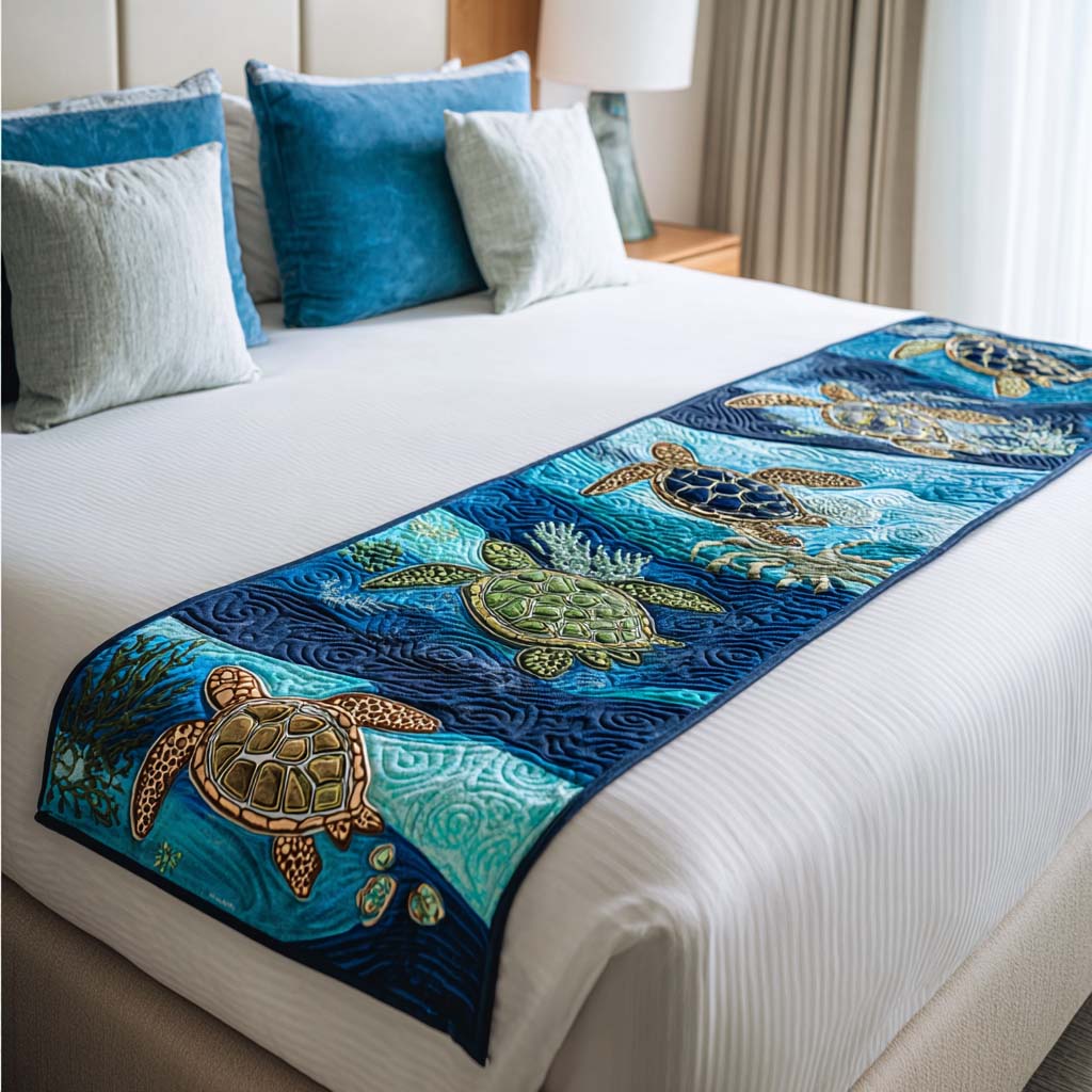 Ancient Mariner Quilted Bed Runner Bed Decorations Gift Ideas For Sea Turtle Lovers