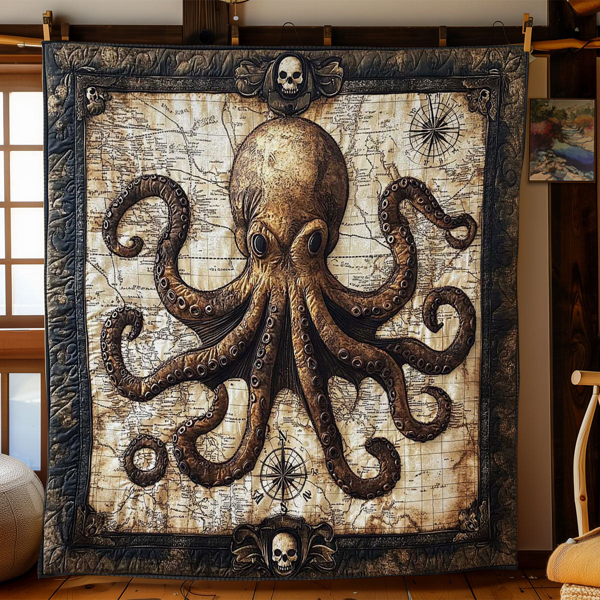 Ancient Octopus Quilt Blanket Kraken Map Pirate Themed Gifts
