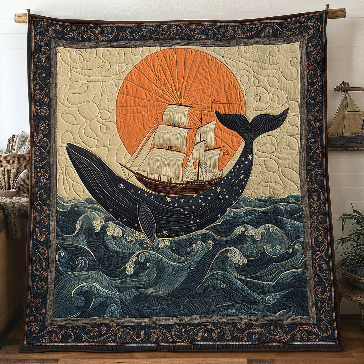 Ancient Volcano Dragon Quilt Blanket Whale and Ship Themed Adventure Gifts For Men
