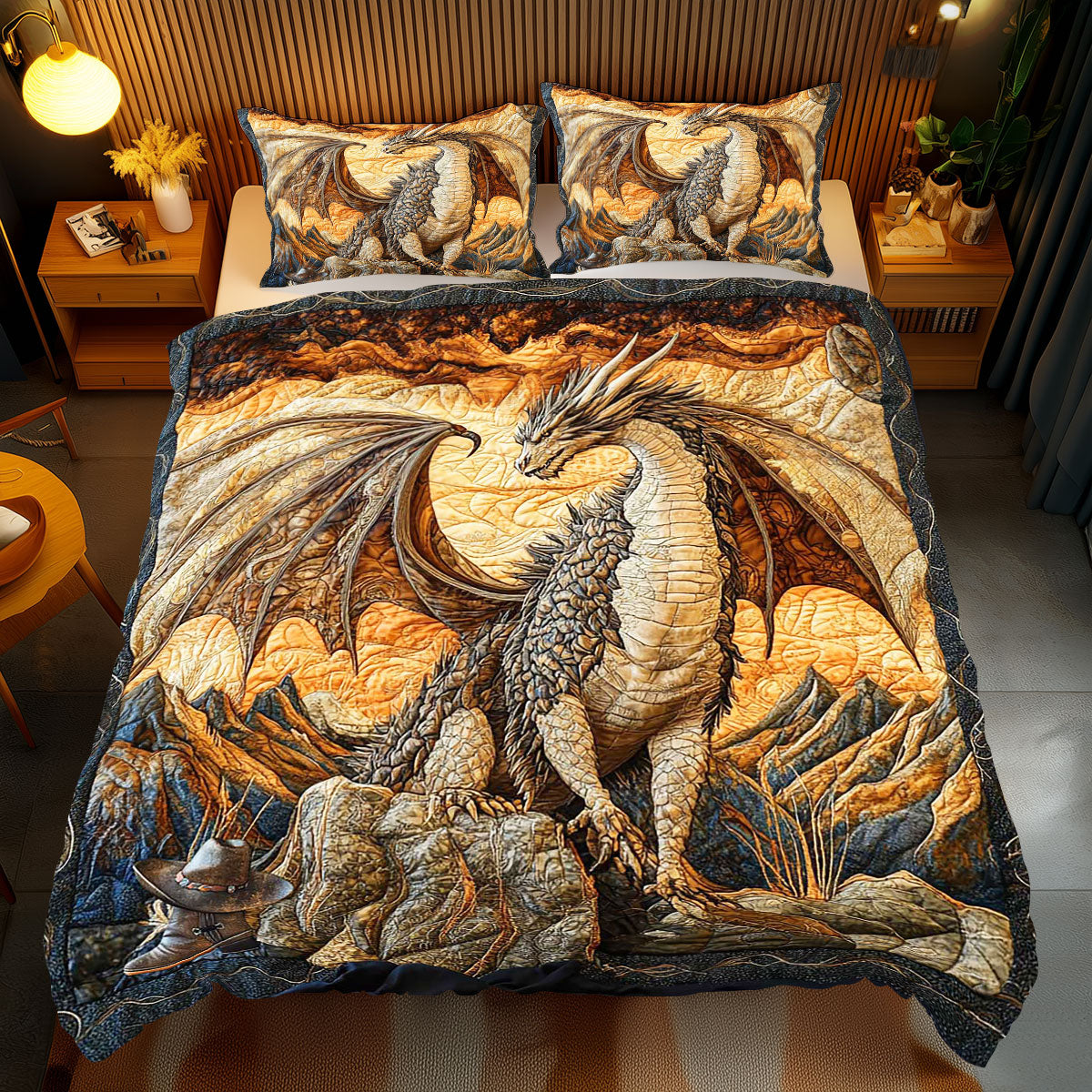 Ancient Volcano Dragon Quilted Bedding Set Duvet Cover Bedspread Presents For Him