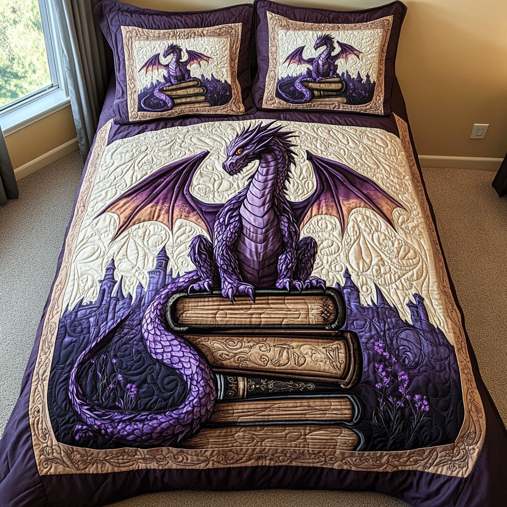 Ancient Watcher Quilted Bedding Set Fantasy Dragon Bedroom Decor Gift For Dragon Lovers