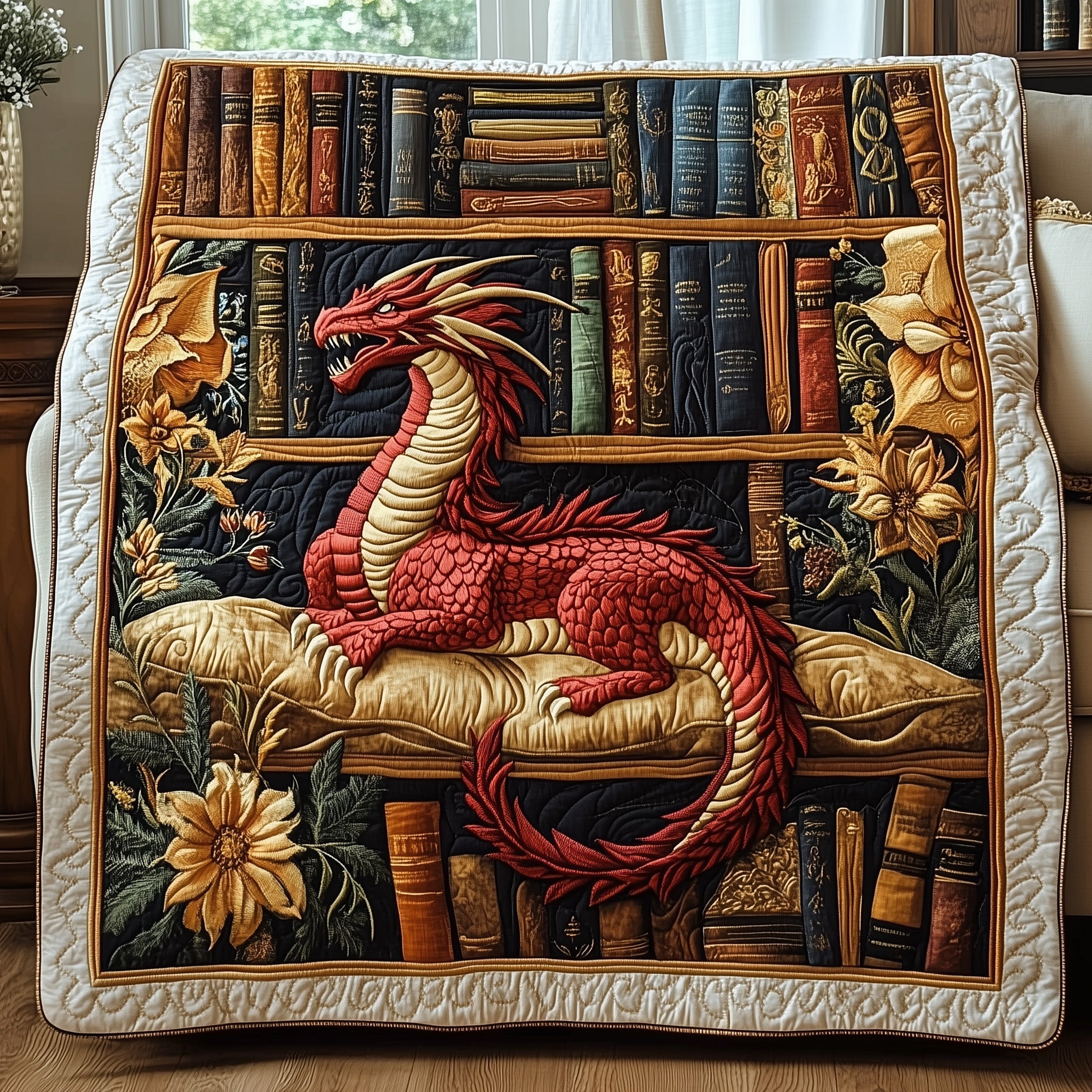 Ancient Wisdom Quilted Blanket Merchandise Throw BlanketBook Dragon Items For Lovers