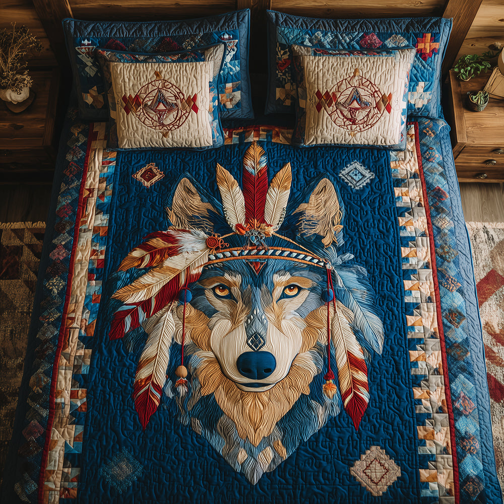 Ancient Wolf Trail Quilted Bedding Set Xmas Holiday Duvet Cover Set Great Wolf Lover Gifts