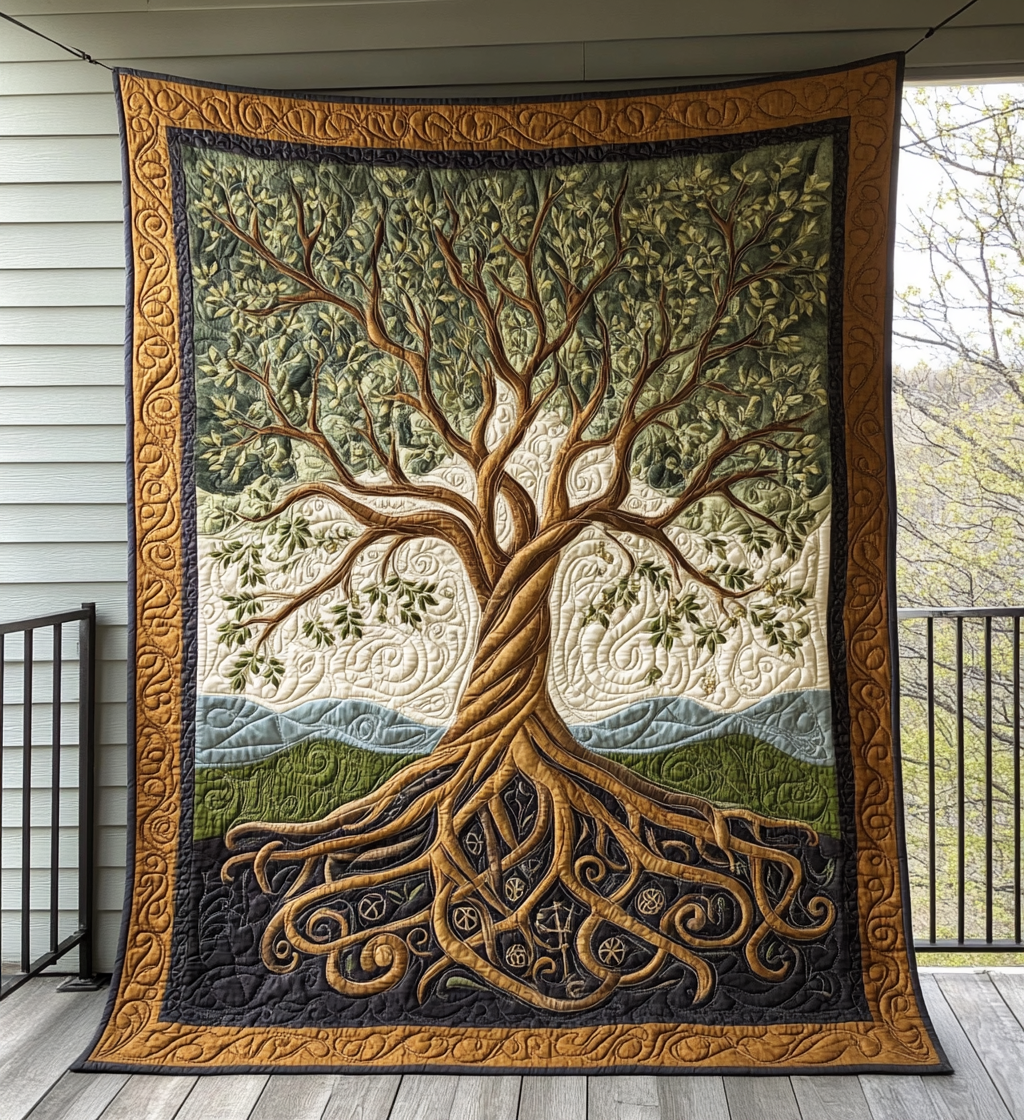 Ancients Tree Quilted Blanket Viking Gifts For Him