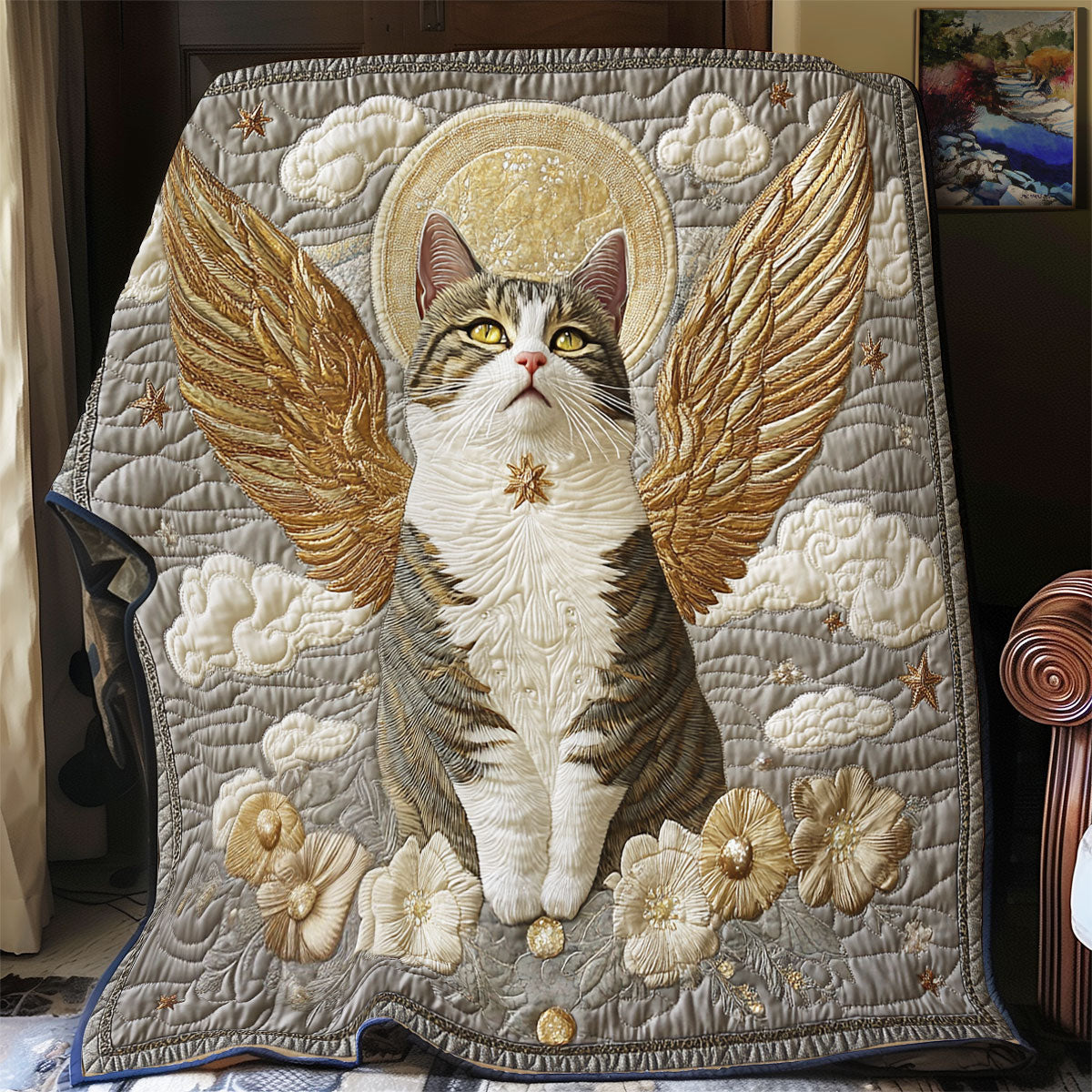 Angel Cat Quilt Blanket Spiritual Themed Presents For Cat Owners