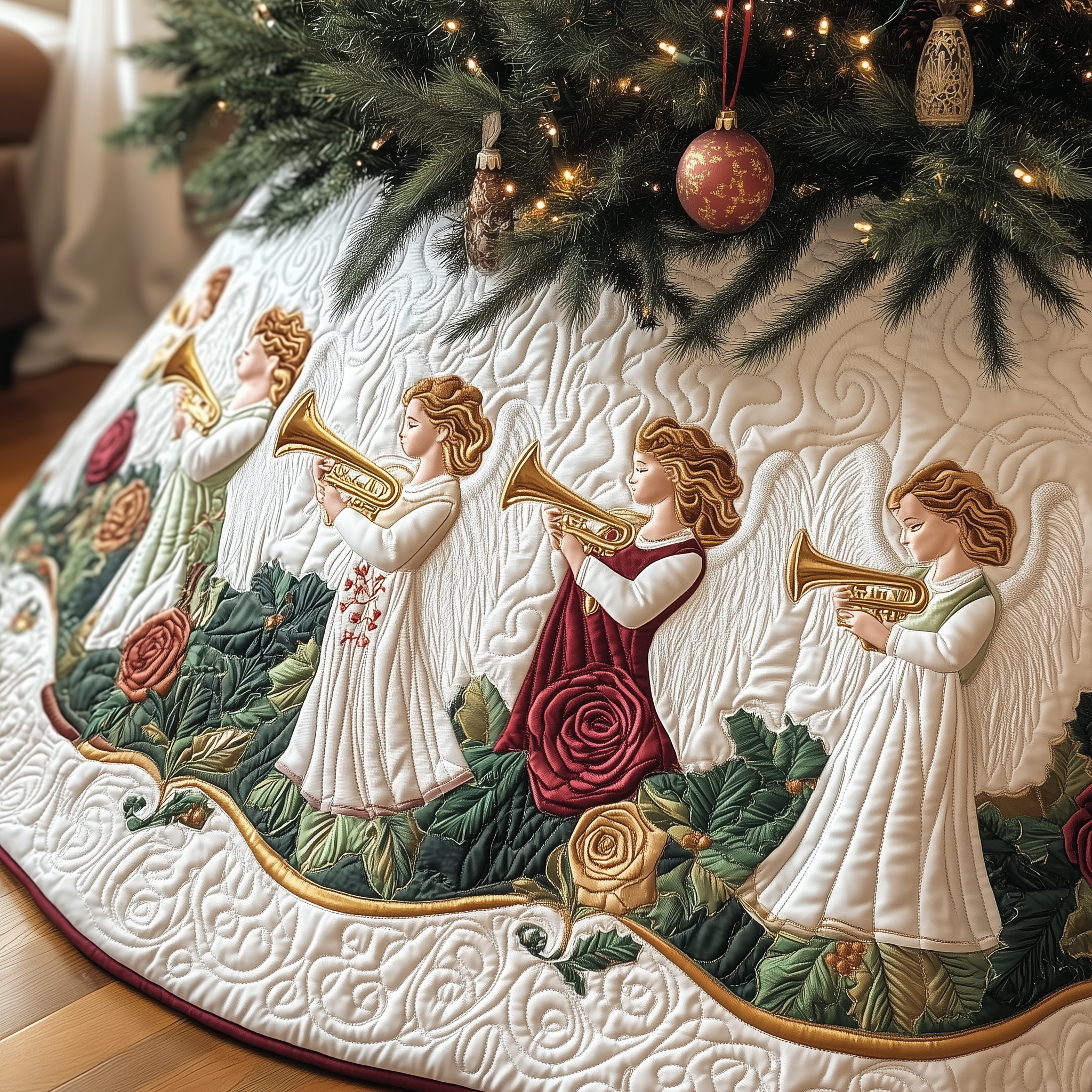 Angel Christmas Tree Skirt Quilted Trumpet Design Religious Holiday Decor Gift