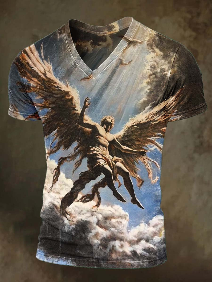 Angel Heaven Graphic V-Neck Shirt Renaissance Winged Angel Painting Shirt Spiritual Gifts