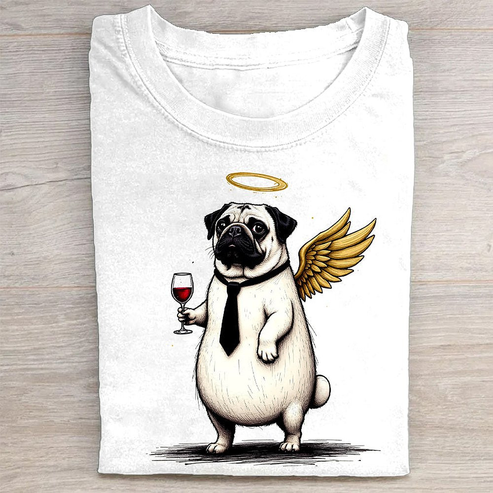 Angel Pug With Wine Glass Graphic T-Shirt Funny Dog Lover Tee For Women