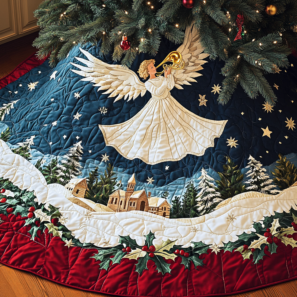 Angelic Tune Christmas Quilted Tree Skirt Merry And Bright Holiday Decor