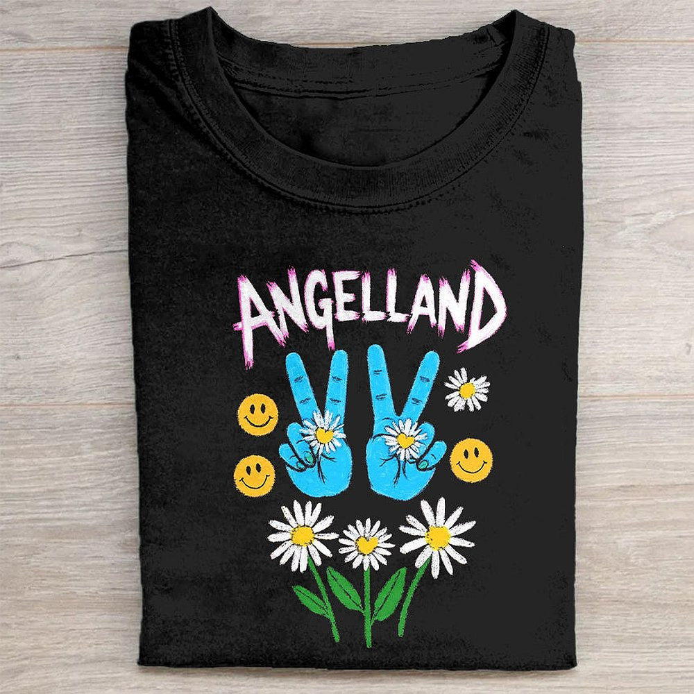 Angelland Peace Sign Daisy Flower Graphic T-Shirt Hippie Aesthetic Tee For Women