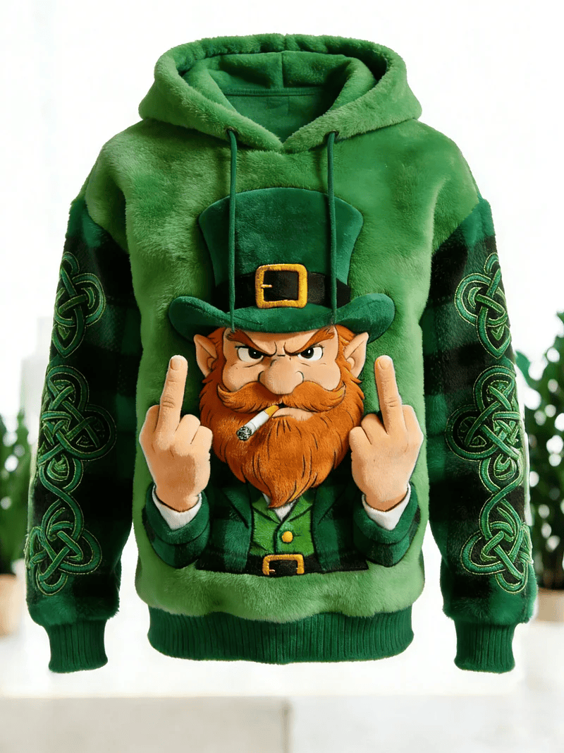 Angry Leprechaun Plush Hoodie St Patricks Day Outfit Funny Irish Celtic Knot Gift Him