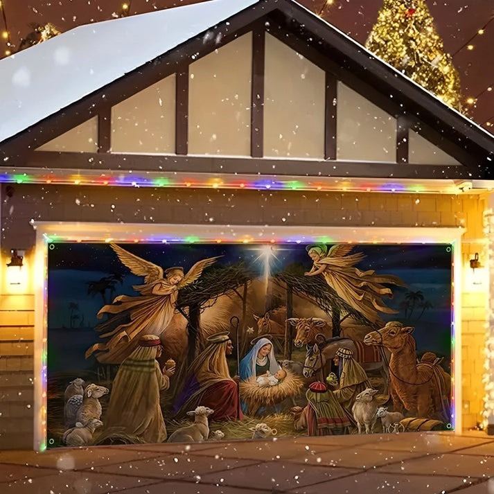 Animal Farm Nativity Holy Night Christmas Garage Door Cover Religious Home Decoration Gifts