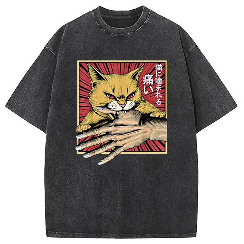 Anime Cat Bite Japanese Art Retro Washed T-Shirt Funny Aesthetic Trendy Apparel Gifts For Sister Anime Cat Bite Japanese Art Retro Washed T-Shirt Funny Aesthetic Trendy Apparel Gifts For Sister
