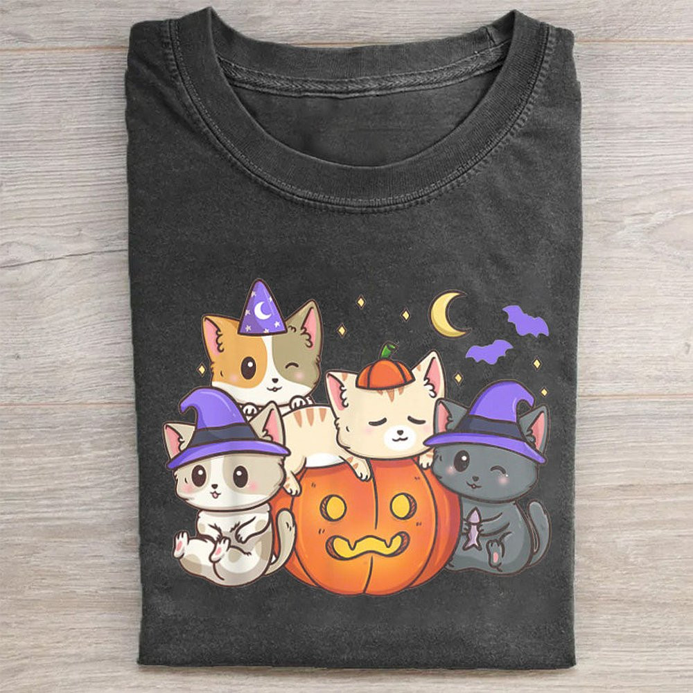 Anime Cat Kawaii Neko Pumpkin Cat Lover Witch T-Shirt Cute Halloween Tee For Girls
