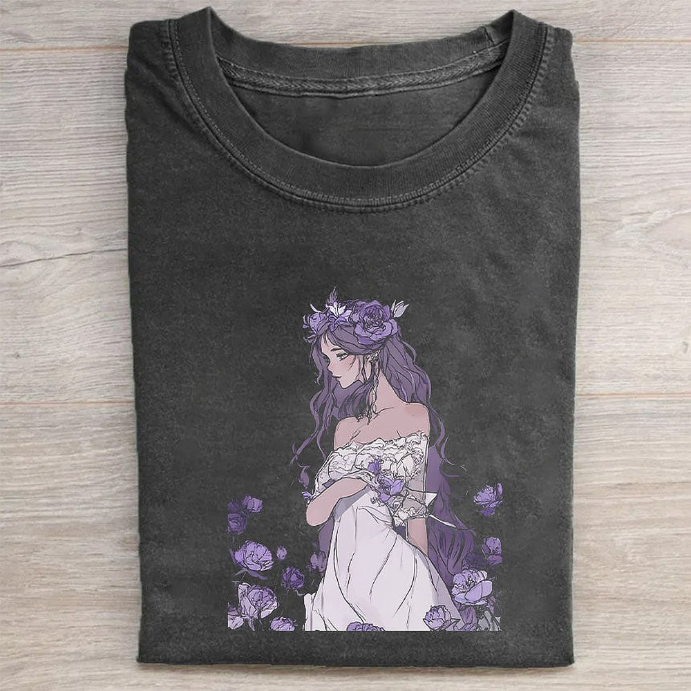 Anime Character Floral Print Women's Casual T-Shirt Trendy Manga Style Tee