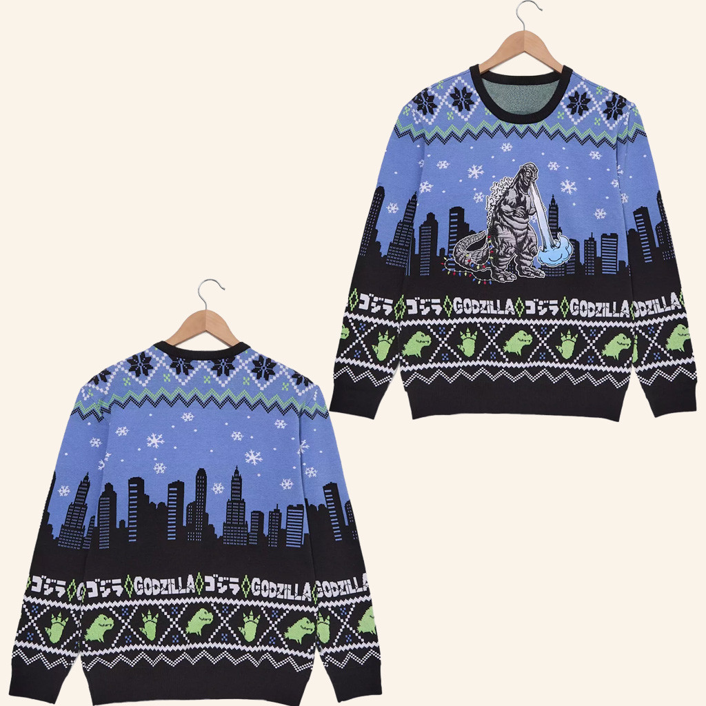 Anime Merch Godzilla City Scene Holiday Sweater Christmas Gifts For Boyfriend Anime Merch Godzilla City Scene Holiday Sweater Christmas Gifts For Boyfriend