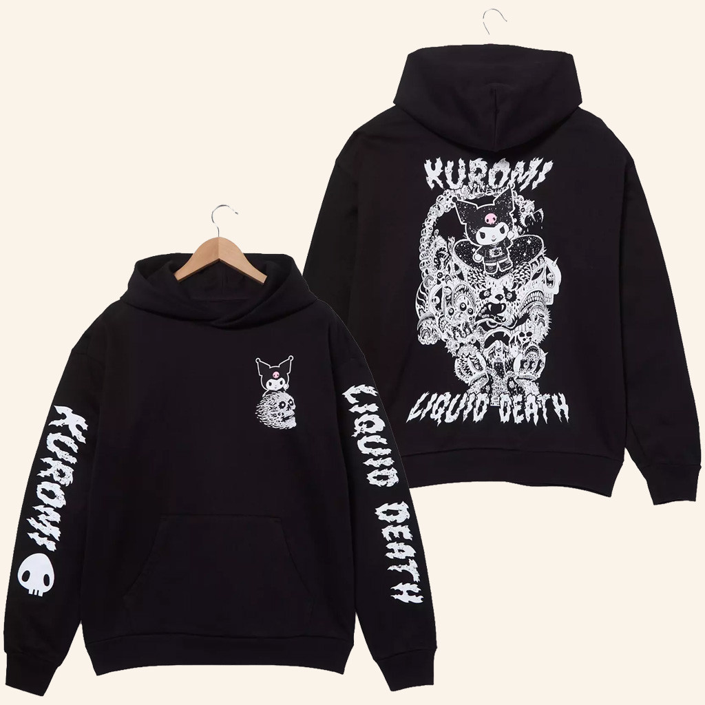 Anime Merch Sanrio Kuromi x Liquid Death Tonal Logo Hoodie Present For Husband Anime Merch Sanrio Kuromi x Liquid Death Tonal Logo Hoodie Present For Husband