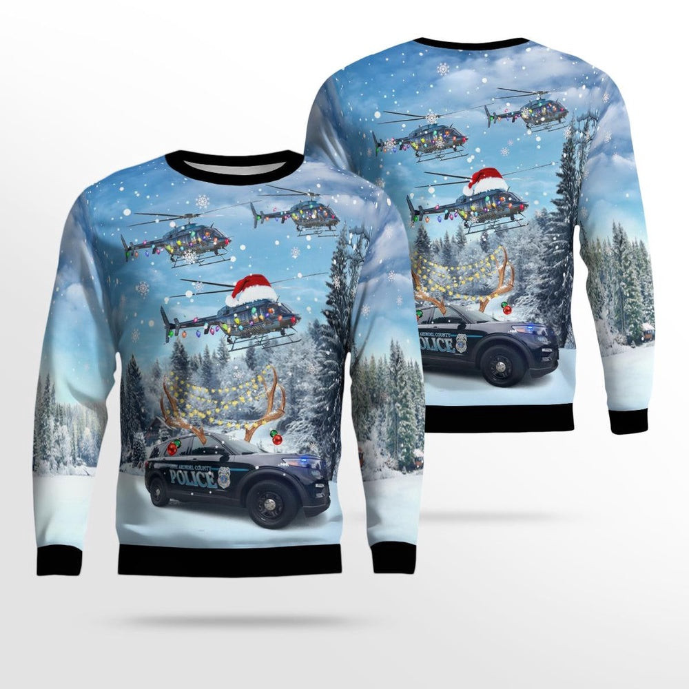 Anne Arundel County Maryland Police Department Car and Bell 407 Helicopter Ugly Sweater Xmas Unisex Sweater Christmas Gifts for Men Women