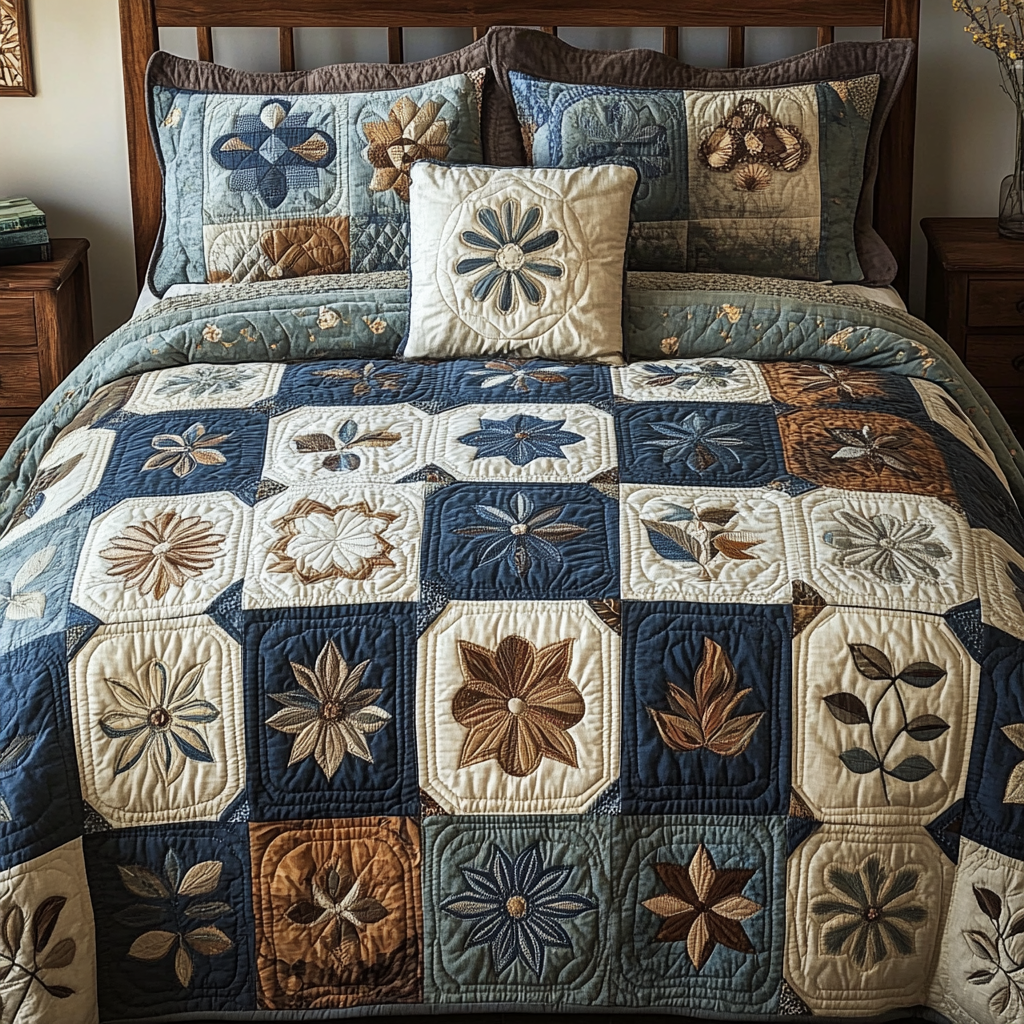 Antique Bloom Quilted Bedding Set Beautiful Printed Bedding Set for Home Aesthetics